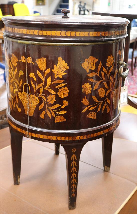 A late 18th century Dutch mahogany and marquetry cellaret, Diam.1ft 8in. H.2ft 6in.